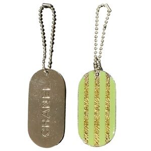 CHANEL Authentic Keychain Bag Charm Green Gold Stripes